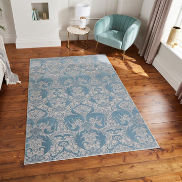 Laurence Llewelyn-Bowen Imperial Modern Floral Ornate Abstract Metallic Shimmer Soft-Touch Smooth Textured Polyester Short Pile Soft Blue/Sky Blue/Ivory Rug-Think Rugs-Rug Love - The Most Loved Rug Store